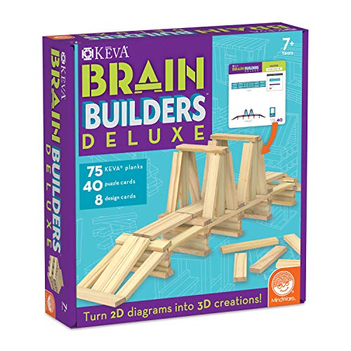 MindWare Keva Brain Builders Deluxe STEM Building Toy Includes 75 KEVA Planks 40 Puzzle Cards 8 Design Cards 3D Building Skills for Kids Ages 7 - Image 1