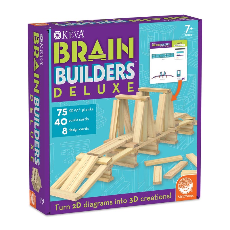 MindWare Keva Brain Builders Deluxe STEM Building Toy Includes 75 KEVA Planks 40 Puzzle Cards 8 Design Cards 3D Building Skills for Kids Ages 7 - Image 2