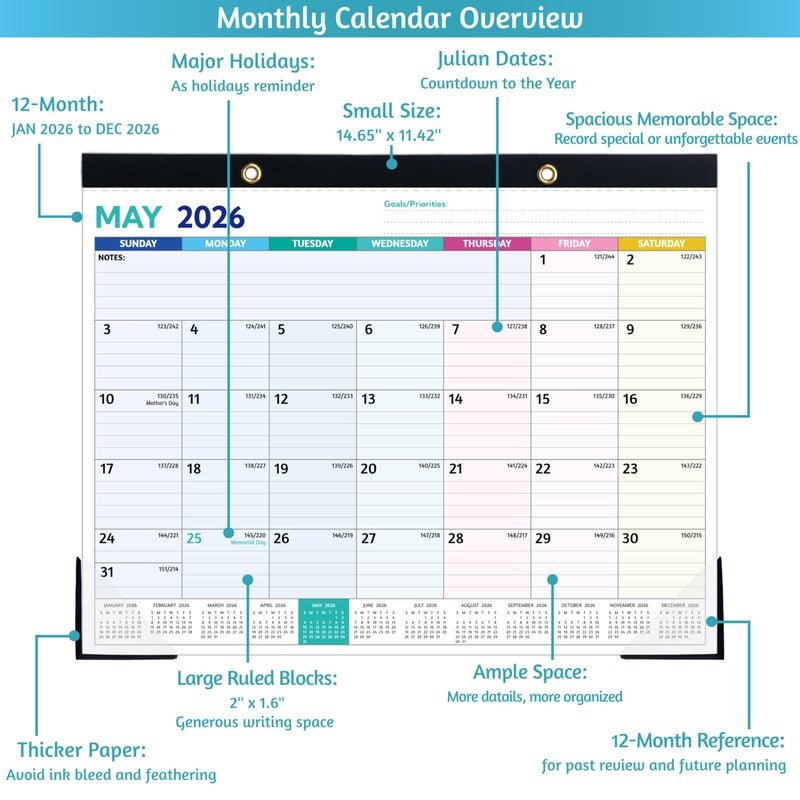 BowCuk 2026 Desk Calendar â€“ Jan 2026 â€“ Dec 2026, 12 Monthly Calendar, Large Desk Calendar 2026, 14.6â€™â€™ x 11.5â€™â€™, Best Desk/Wall Calendar with To-do Lists, Desk Pad, Ruled Blocks, Corner Protectors - Image 4