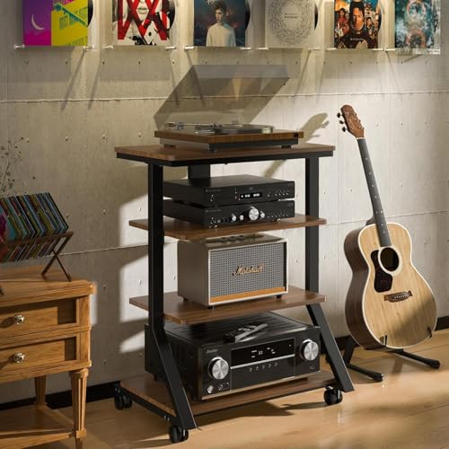 OGFC 42207 Shelves and Stands, Audio Rack, 4-Tier Shelf, Wooden Turntable Shelves, DVD Player, Entertainment Unit, Multifunctional, Height - Image 2