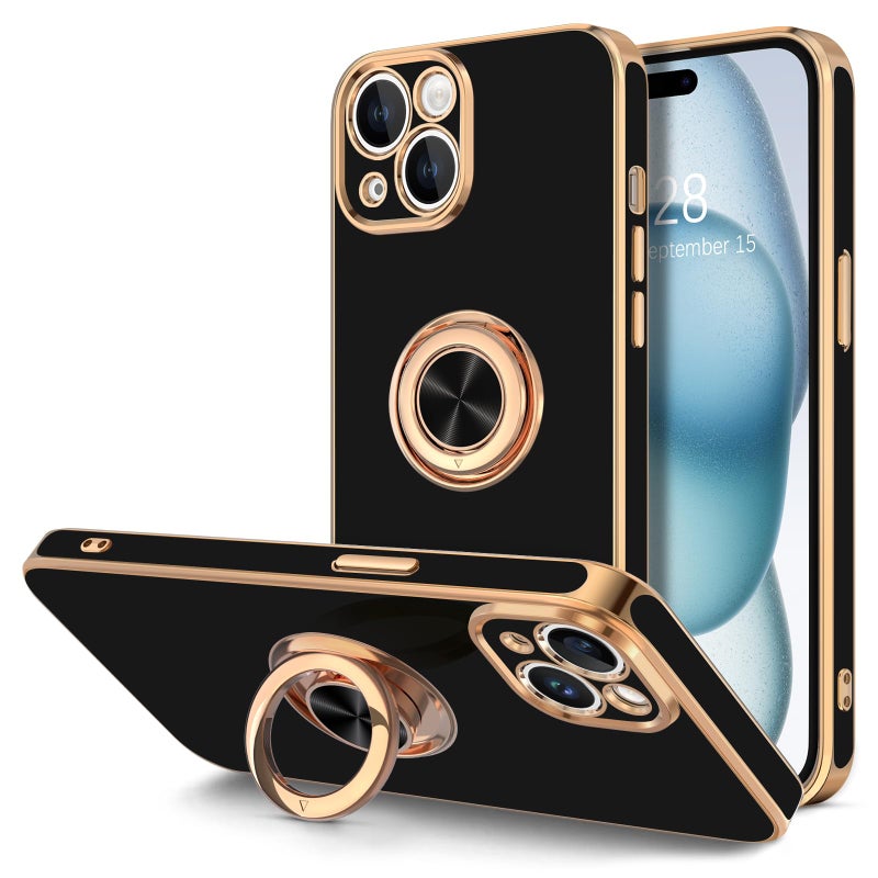 Hython for iPhone 15 Case with Ring Stand, 360Â° Rotatable Ring Holder Magnetic Kickstand, Plating Rose Gold Edge Soft Cover Women Men Luxury Protective Phone Case for iPhone 15 6.1", Black - Image 1