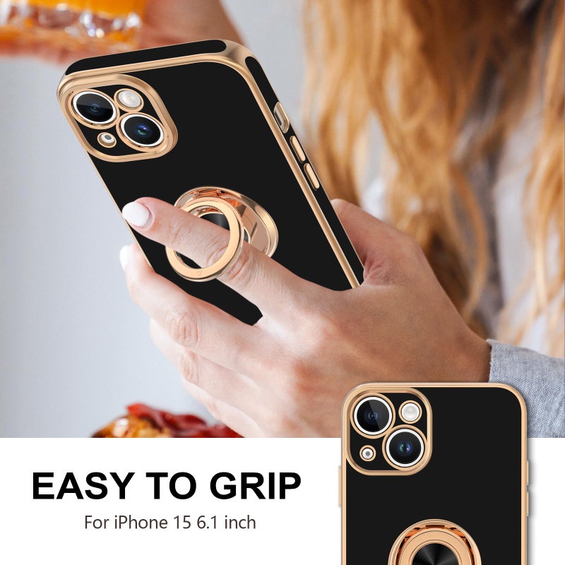 Hython for iPhone 15 Case with Ring Stand, 360Â° Rotatable Ring Holder Magnetic Kickstand, Plating Rose Gold Edge Soft Cover Women Men Luxury Protective Phone Case for iPhone 15 6.1", Black - Image 2
