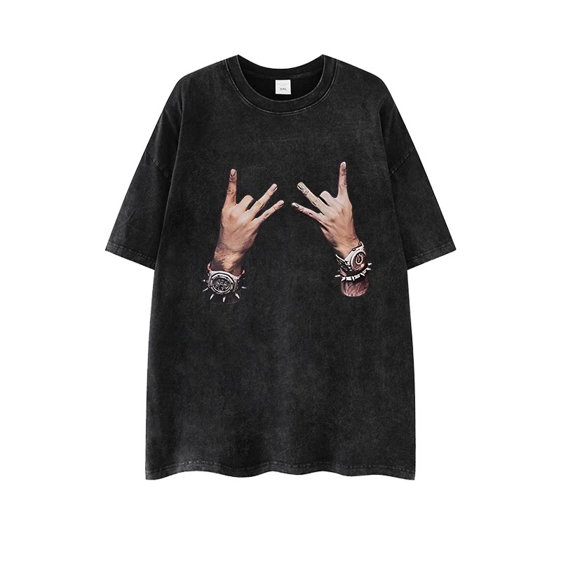 European and American street vintage fashion brand dark hiphop finger wash old short-sleeved hip-hop retro loose t-shirt - Image 3