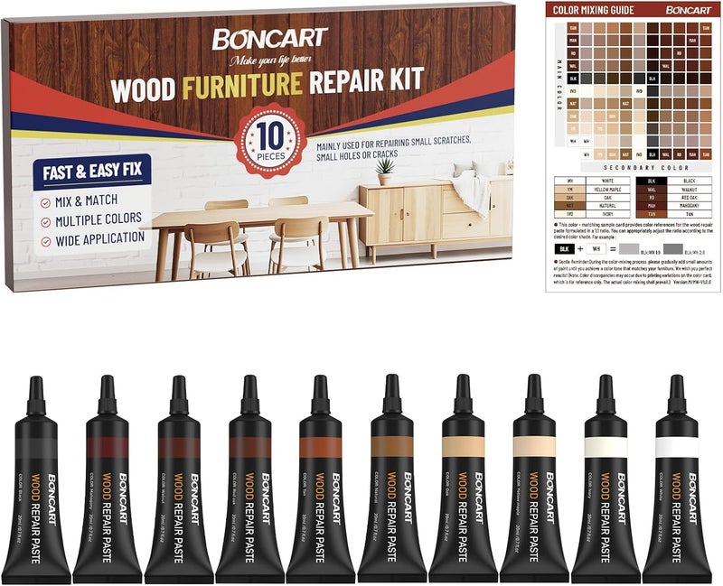 Boncart مجموعة إصلاح الأثاث الخشبي من ، معجون لمس الأثاث الخشبي، إصلاح الخدوش والشقوق وتقشر الطلاء وثقوب المسامير على الأثاث والأرضيات والأبواب والخزائن والطاولات (10 ألوان) - Image 1