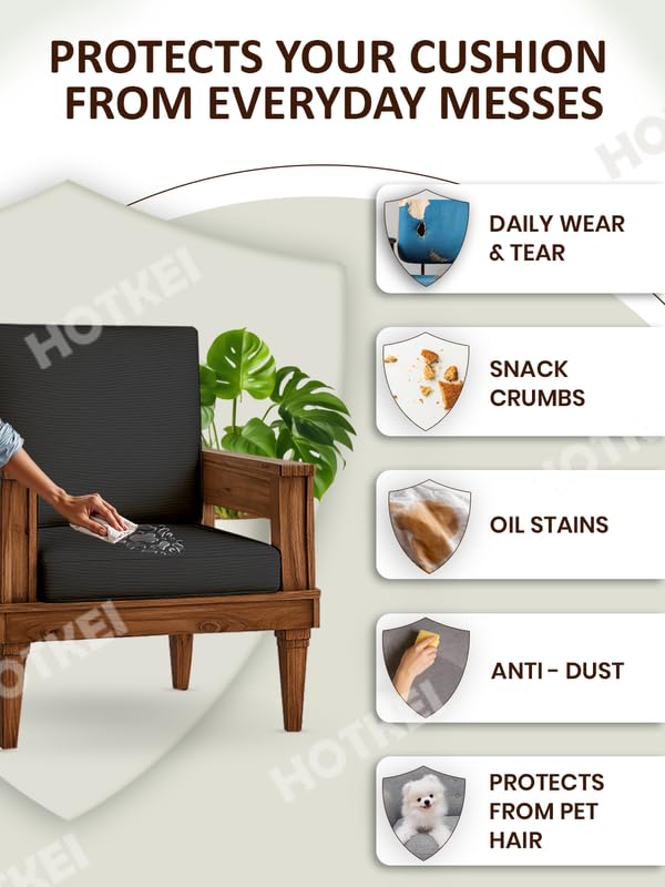 HOTKEI Dark Grey Dry Fit Pack of 10 Wooden Seat Covers 220 GSM Stretchable, Water-Resistant Elastic Sofa Slipcovers for 5 Seater Recliners Cushion Protector Sofa Cover Set - Image 3