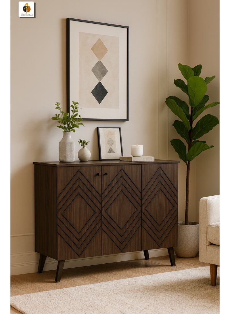 ayamalbaraka Shoe Cabinet Columbia – Modern 3-Door Wooden Storage Cabinet with Geometric Pattern Design and Black Legs (251203) - Image 1