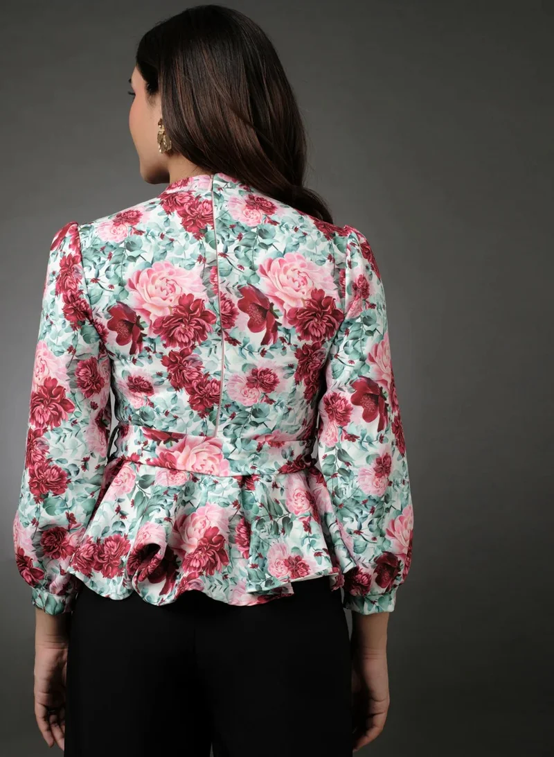 Zigzag Puffed Sleeve Floral Peplum Top