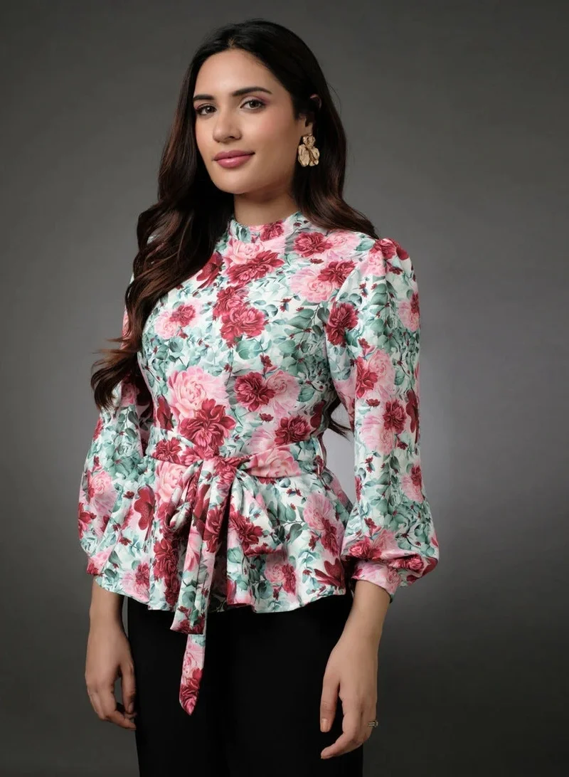 Zigzag Puffed Sleeve Floral Peplum Top