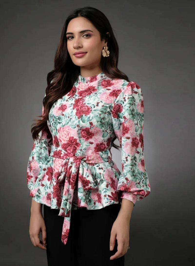 Zigzag Puffed Sleeve Floral Peplum Top