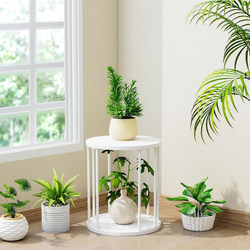 HDANI Round Metal Plant Stand, 35 cm, Solid and Robust Flower Stand for Living Room, Garden, Balcony, Wooden Flower Stool for Indoor and Outdoor Use, White - Image 2
