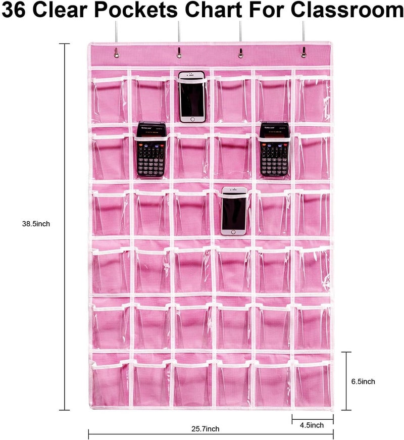 ANSTROUT 36 Clear Pockets Classroom Pocket Chart for Cell Phones, Pocket Chart Organizer for Calculator Holder with 36 Number Sticker Classroom Hanging Cell Phones Organizer (Pink) - Image 2