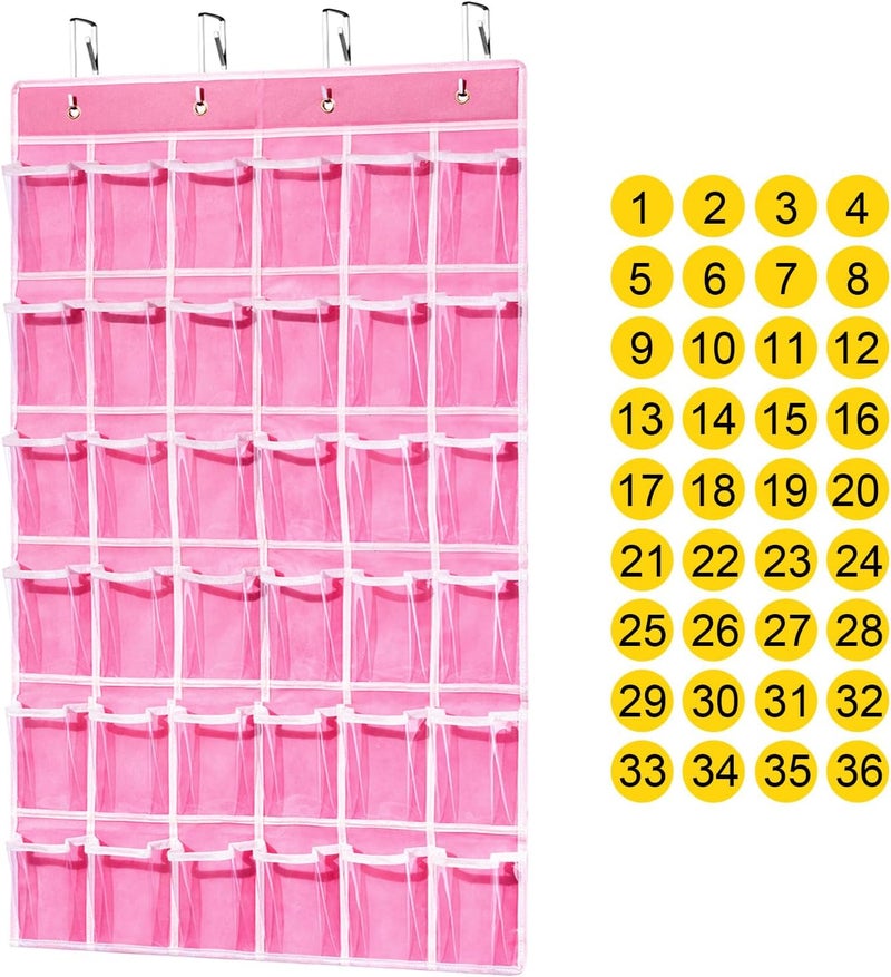 ANSTROUT 36 Clear Pockets Classroom Pocket Chart for Cell Phones, Pocket Chart Organizer for Calculator Holder with 36 Number Sticker Classroom Hanging Cell Phones Organizer (Pink) - Image 1