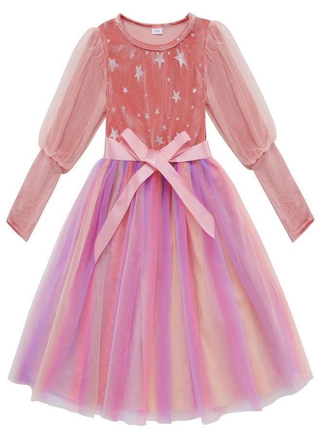 ESHOO Toddler Girl Christmas Dress Mesh Long Sleeve Star Printed Velvet Dresses with Waistband Kids Fall Winter Clothes - Image 1