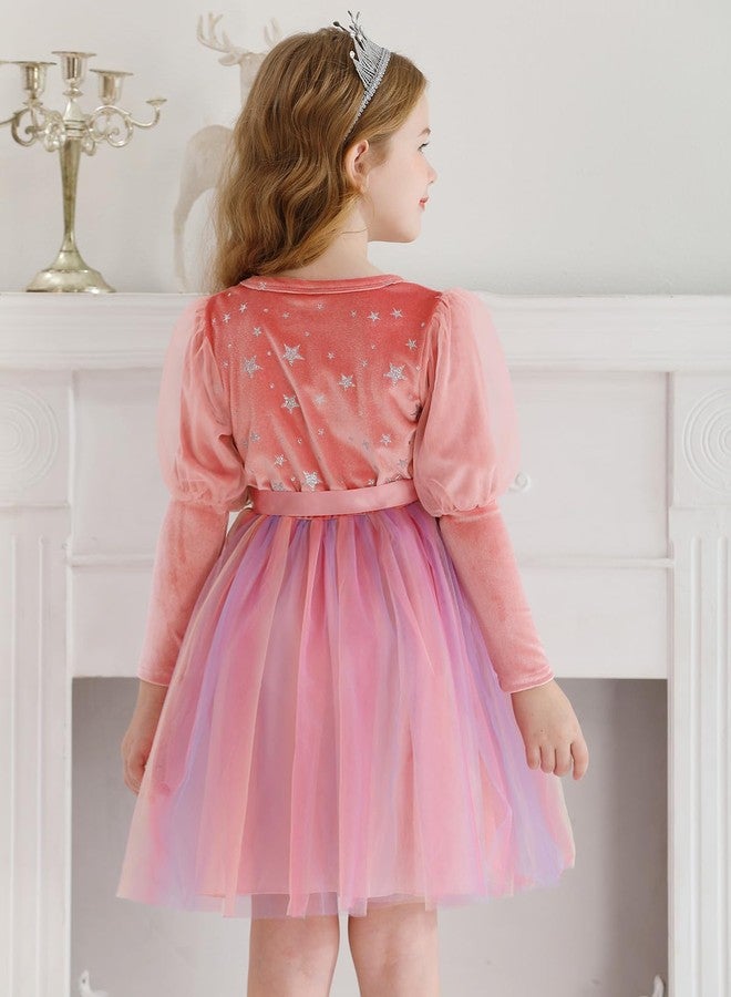 ESHOO Toddler Girl Christmas Dress Mesh Long Sleeve Star Printed Velvet Dresses with Waistband Kids Fall Winter Clothes - Image 3