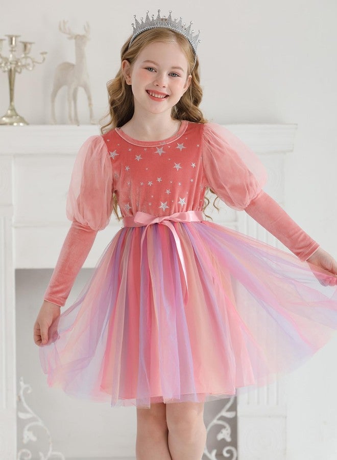 ESHOO Toddler Girl Christmas Dress Mesh Long Sleeve Star Printed Velvet Dresses with Waistband Kids Fall Winter Clothes - Image 2