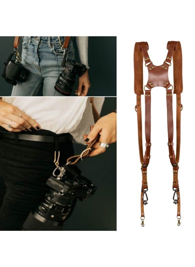 Top Layer Cowhide Camera Shoulder Strap Outdoor Quick Camera Photography Equipment SLR Camera Strap Photography Double Shoulder Strap-Color:Brown Shoulder (left) - Image 2
