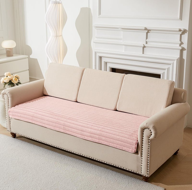 House of Quirk 3D Striped Rabbit Plush Soft Sofa Mat Anti-Slip Fuzzy Plush Furry Washable Furniture Protector (One Seater, Pink, 70x70cm) - Image 1