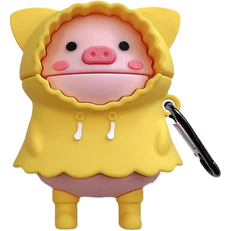 Cute Wireless Earphone Case,Yellow Thick Soft Portable Silicone Shockproof Skin Cover Storage Box Compatible with Apple AirPods 2&1 AirPods Charging Station Case (Raincoat Pig,AirPods 2&1) - Image 1