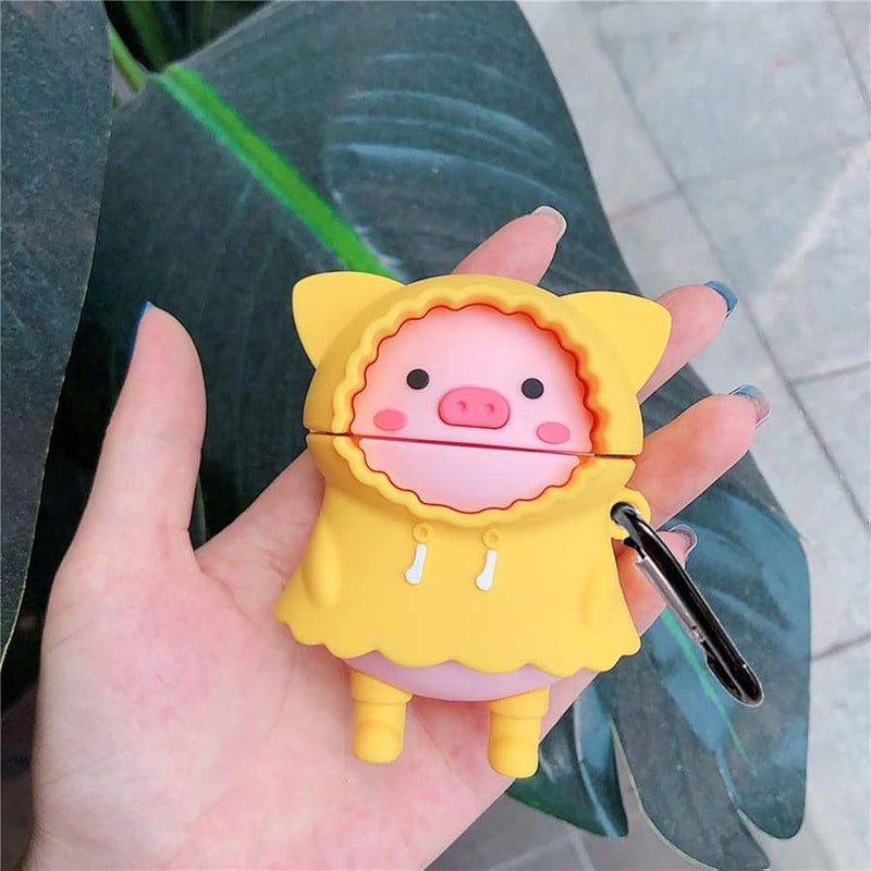 Cute Wireless Earphone Case,Yellow Thick Soft Portable Silicone Shockproof Skin Cover Storage Box Compatible with Apple AirPods 2&1 AirPods Charging Station Case (Raincoat Pig,AirPods 2&1) - Image 3