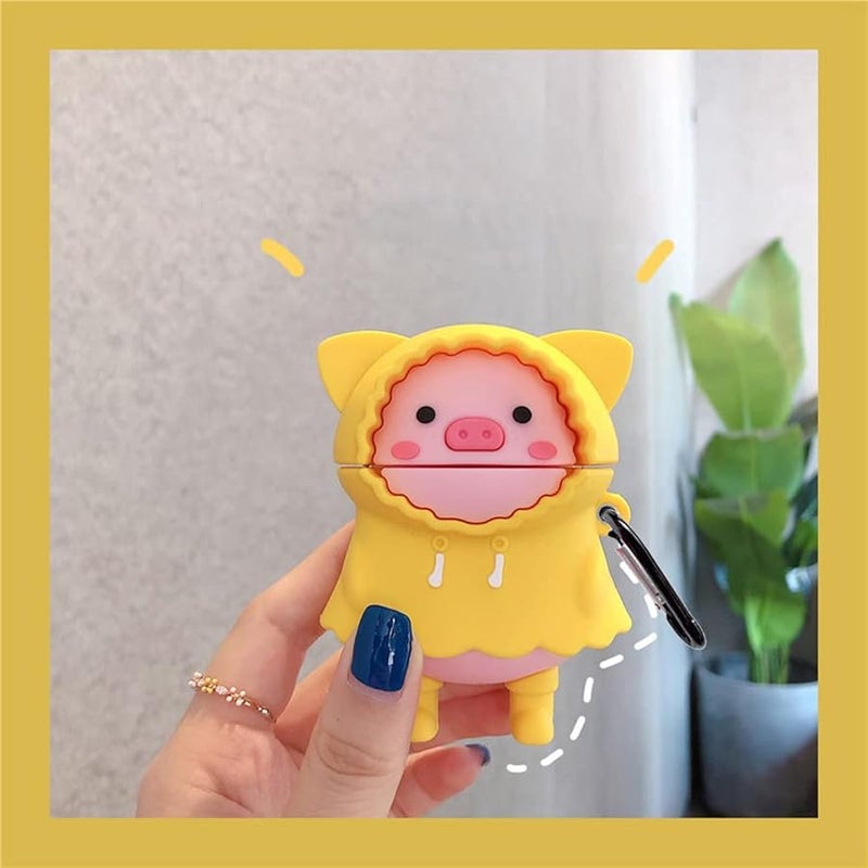 Cute Wireless Earphone Case,Yellow Thick Soft Portable Silicone Shockproof Skin Cover Storage Box Compatible with Apple AirPods 2&1 AirPods Charging Station Case (Raincoat Pig,AirPods 2&1) - Image 2