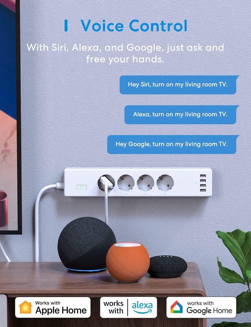 meross Connected Power Strip (Type F), 16A WiFi Power Strip Compatible with Apple HomeKit, Alexa and Google Home (4 AC Outlets and 4 USB Ports), WiFi Socket with Voice Control and Remote Control - Image 3
