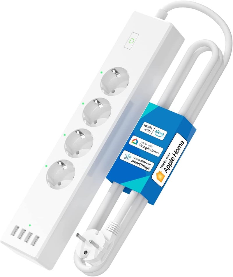 meross Connected Power Strip (Type F), 16A WiFi Power Strip Compatible with Apple HomeKit, Alexa and Google Home (4 AC Outlets and 4 USB Ports), WiFi Socket with Voice Control and Remote Control - Image 1