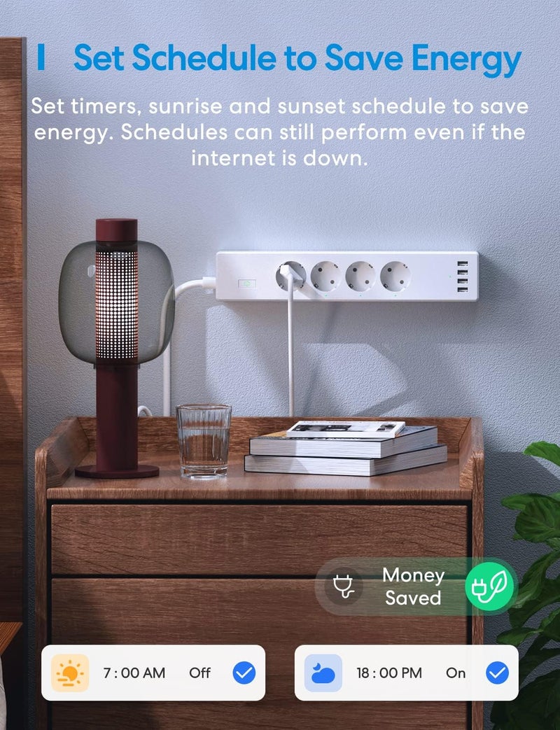 meross Connected Power Strip (Type F), 16A WiFi Power Strip Compatible with Apple HomeKit, Alexa and Google Home (4 AC Outlets and 4 USB Ports), WiFi Socket with Voice Control and Remote Control - Image 5