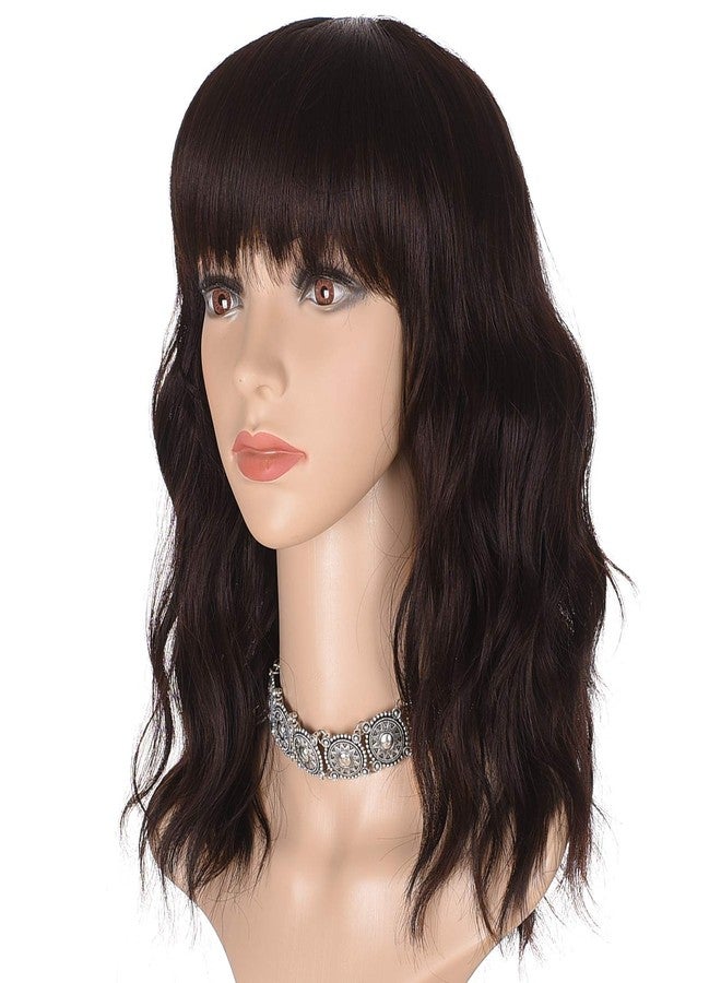 morvally Short Brown Wavy Bob Wig with Bangs for Women 16 Inches Natural Synthetic Hair Wavy Wigs - Image 1