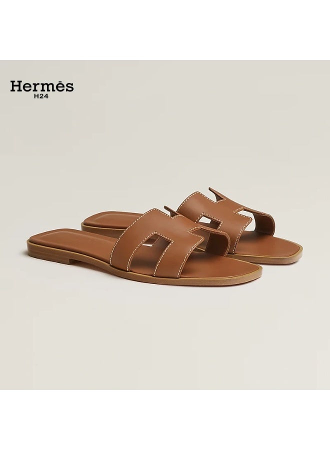 Hermes H24 Oran Calfskin Open-Toe Slip-On H-Shaped Cutout Flats for Women Summer ,Brown - Image 1