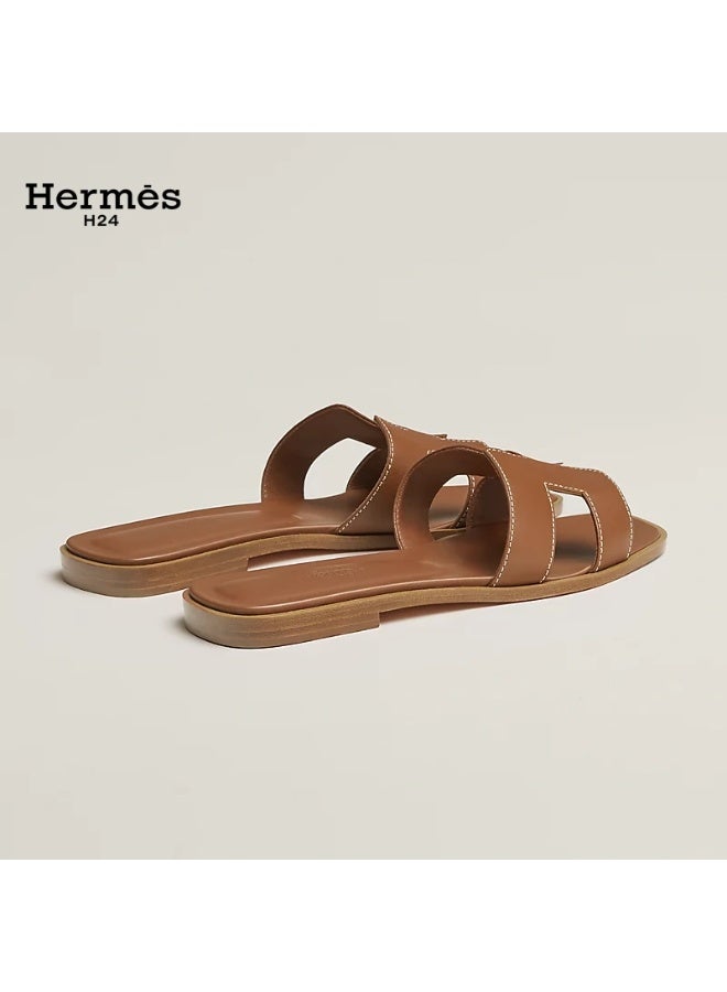 Hermes H24 Oran Calfskin Open-Toe Slip-On H-Shaped Cutout Flats for Women Summer ,Brown - Image 3