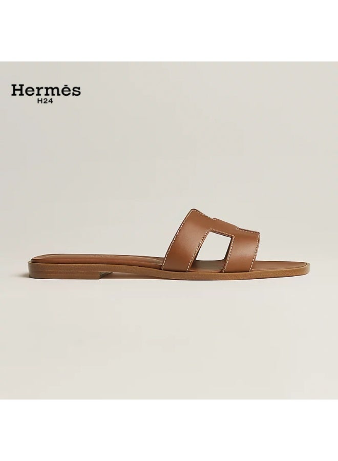 Hermes H24 Oran Calfskin Open-Toe Slip-On H-Shaped Cutout Flats for Women Summer ,Brown - Image 2