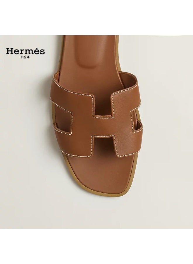 Hermes H24 Oran Calfskin Open-Toe Slip-On H-Shaped Cutout Flats for Women Summer ,Brown - Image 4