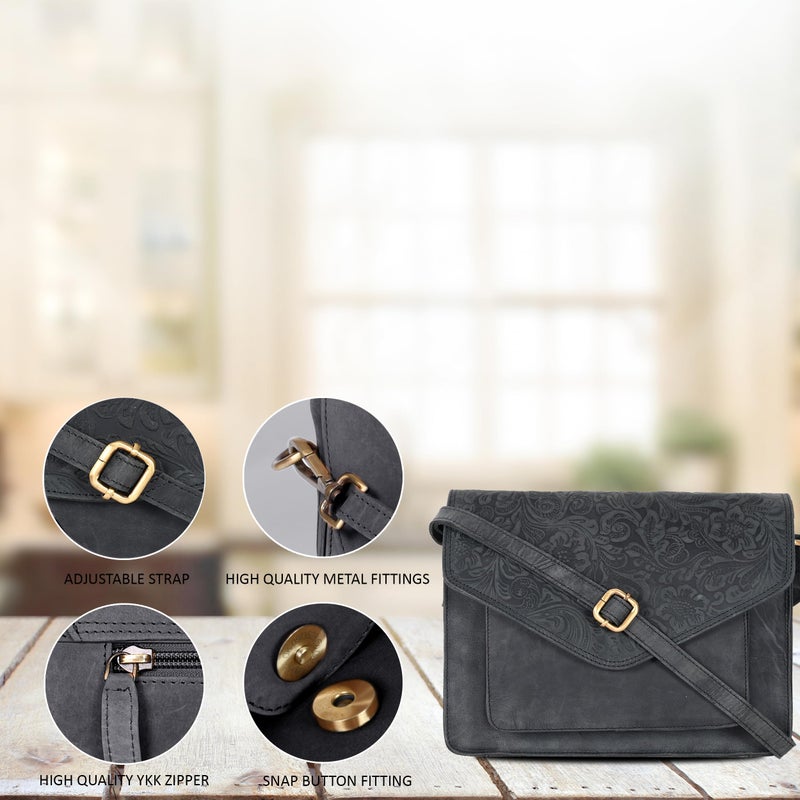 Ozora Leather Flapover Crossbody Handbag Purse for Women with Adjustable Strap & Overflap Snap Closure Tote/Bag (E.Black Hunter) - Image 5