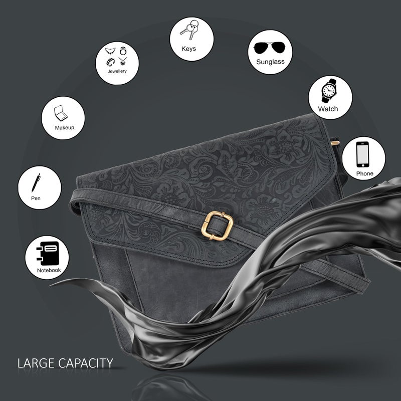 Ozora Leather Flapover Crossbody Handbag Purse for Women with Adjustable Strap & Overflap Snap Closure Tote/Bag (E.Black Hunter) - Image 4