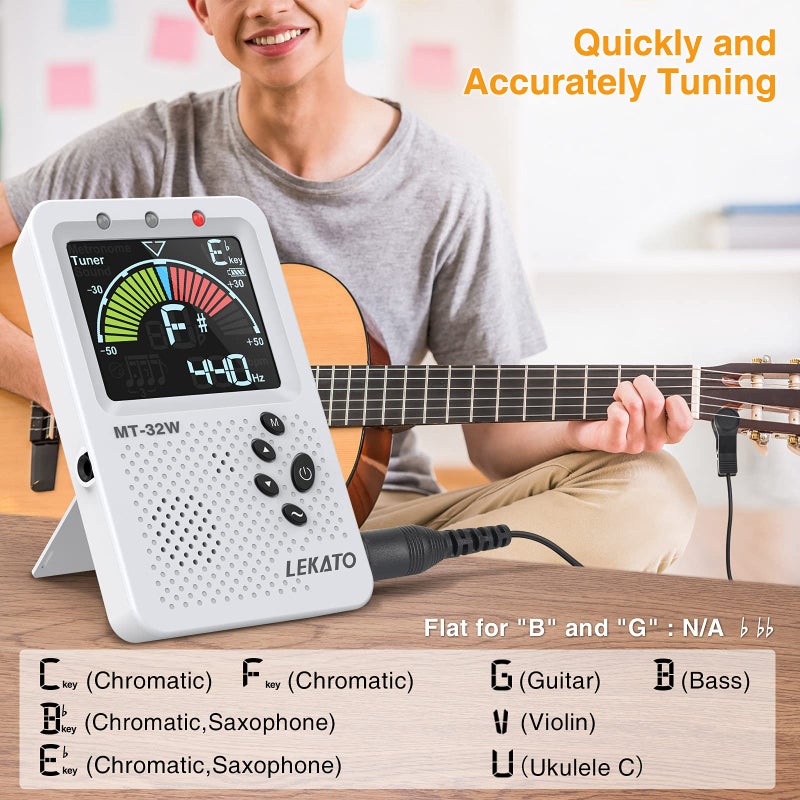 LEKATO Metronome Tuner, Rechargeable 3 In 1 Digital Metronome with Vocal Count, Tone Generator Tuners for Guitar, Bass, Violin, Ukulele, Chromatic, Clarinet, Trumpet, Flute, All Instruments, White by LEKATO - Image 4