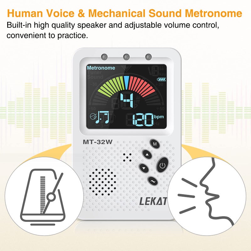 LEKATO Metronome Tuner, Rechargeable 3 In 1 Digital Metronome with Vocal Count, Tone Generator Tuners for Guitar, Bass, Violin, Ukulele, Chromatic, Clarinet, Trumpet, Flute, All Instruments, White by LEKATO - Image 3