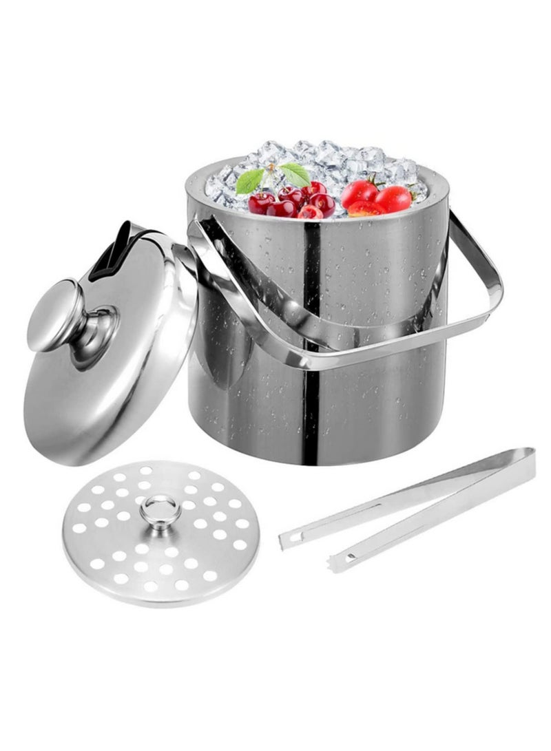 1pcs 1.3 Liter Stainless Steel Ice Cube Container Ice Bucket Ice Cube Container Double Walled With Lid and Ice Tongs Included Strainer for Chilling Beer Champagne and Wine  - Image 1