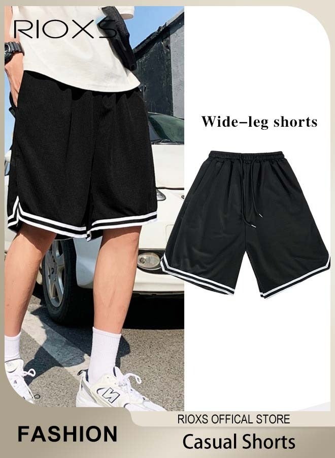 ريوكس شورتات رجالية غير رسمية، شورتات رياضية صيفية واسعة الساقين مع رباط وجيبين جانبيين، شورتات رياضية رجالية سريعة الجفاف بخصر مطاطي، شورتات جري خفيفة الوزن ومسامية للتمارين الرياضية وكرة السلة والتدريب والارتداء اليومي غير الرسمي، أسود - Image 2