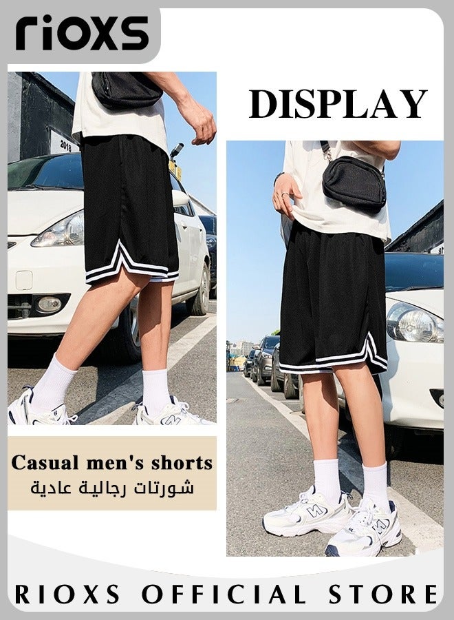 ريوكس شورتات رجالية غير رسمية، شورتات رياضية صيفية واسعة الساقين مع رباط وجيبين جانبيين، شورتات رياضية رجالية سريعة الجفاف بخصر مطاطي، شورتات جري خفيفة الوزن ومسامية للتمارين الرياضية وكرة السلة والتدريب والارتداء اليومي غير الرسمي، أسود - Image 3