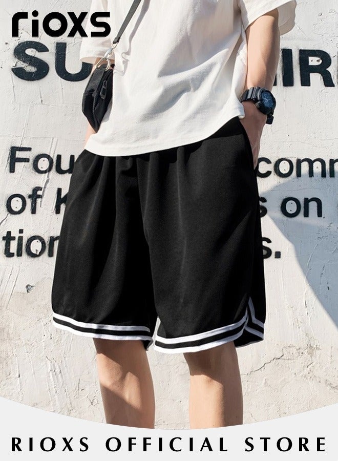 ريوكس شورتات رجالية غير رسمية، شورتات رياضية صيفية واسعة الساقين مع رباط وجيبين جانبيين، شورتات رياضية رجالية سريعة الجفاف بخصر مطاطي، شورتات جري خفيفة الوزن ومسامية للتمارين الرياضية وكرة السلة والتدريب والارتداء اليومي غير الرسمي، أسود - Image 1