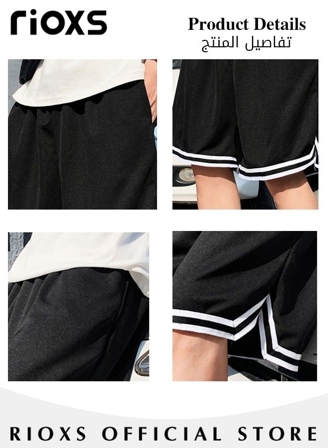 ريوكس شورتات رجالية غير رسمية، شورتات رياضية صيفية واسعة الساقين مع رباط وجيبين جانبيين، شورتات رياضية رجالية سريعة الجفاف بخصر مطاطي، شورتات جري خفيفة الوزن ومسامية للتمارين الرياضية وكرة السلة والتدريب والارتداء اليومي غير الرسمي، أسود - Image 4