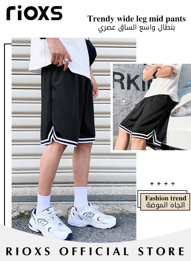 ريوكس شورتات رجالية غير رسمية، شورتات رياضية صيفية واسعة الساقين مع رباط وجيبين جانبيين، شورتات رياضية رجالية سريعة الجفاف بخصر مطاطي، شورتات جري خفيفة الوزن ومسامية للتمارين الرياضية وكرة السلة والتدريب والارتداء اليومي غير الرسمي، أسود - Image 5