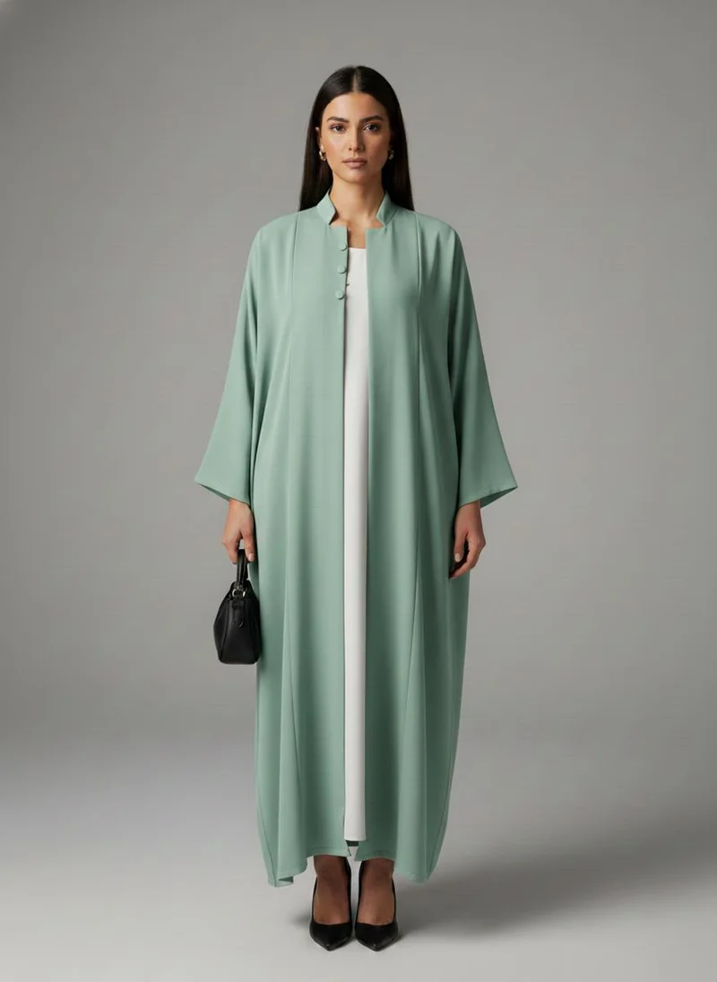 MSquare Fashion Signature Korean Nida Sage Green Open Abaya Minimalist High-Neck Design