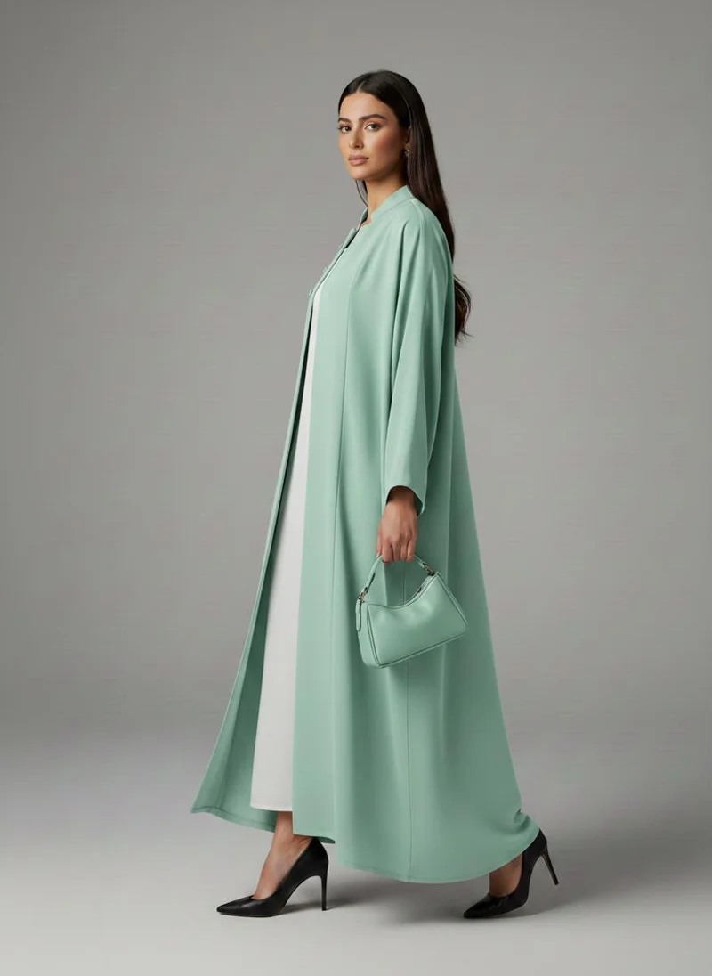 MSquare Fashion Signature Korean Nida Sage Green Open Abaya Minimalist High-Neck Design