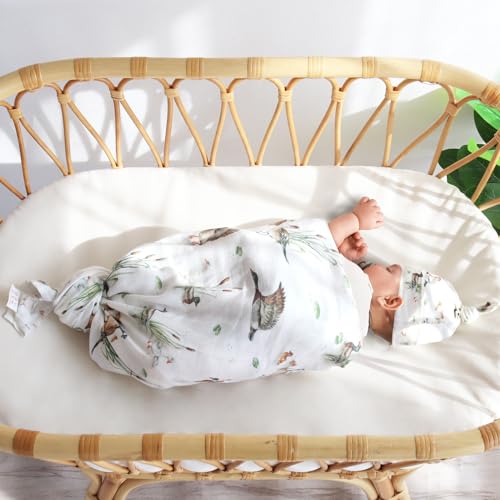 LifeTree Muslin Swaddle Blankets, Muslin Baby Boy Swaddle Blanket and Hat Set with Birth Announcement Card, Newborn Unisex Receiving Blankets Mallard Duck - Image 4