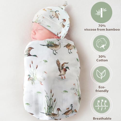 LifeTree Muslin Swaddle Blankets, Muslin Baby Boy Swaddle Blanket and Hat Set with Birth Announcement Card, Newborn Unisex Receiving Blankets Mallard Duck - Image 2