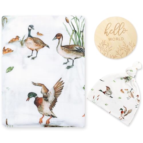LifeTree Muslin Swaddle Blankets, Muslin Baby Boy Swaddle Blanket and Hat Set with Birth Announcement Card, Newborn Unisex Receiving Blankets Mallard Duck - Image 1