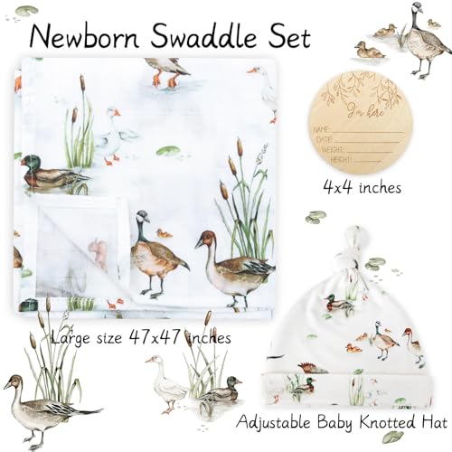 LifeTree Muslin Swaddle Blankets, Muslin Baby Boy Swaddle Blanket and Hat Set with Birth Announcement Card, Newborn Unisex Receiving Blankets Mallard Duck - Image 3