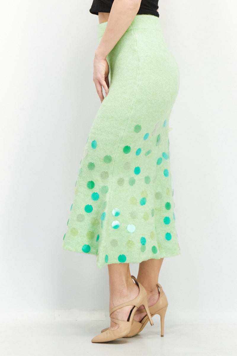 Reserved Women Wool Blend Textured Midi Skirt, Lime Green - Image 3