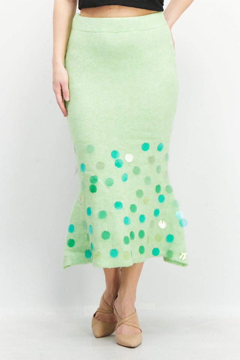 Reserved Women Wool Blend Textured Midi Skirt, Lime Green - Image 1